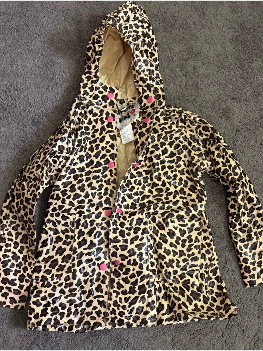 Wippette Kids Girls Hooded Animal Print 100% Vinyl Rain Coat Snap Size 6-8